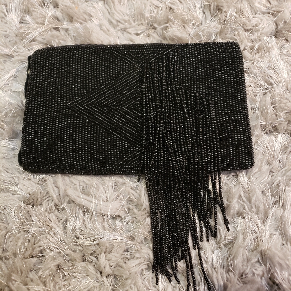 Black beaded clutch mini or shoulder fringe bag